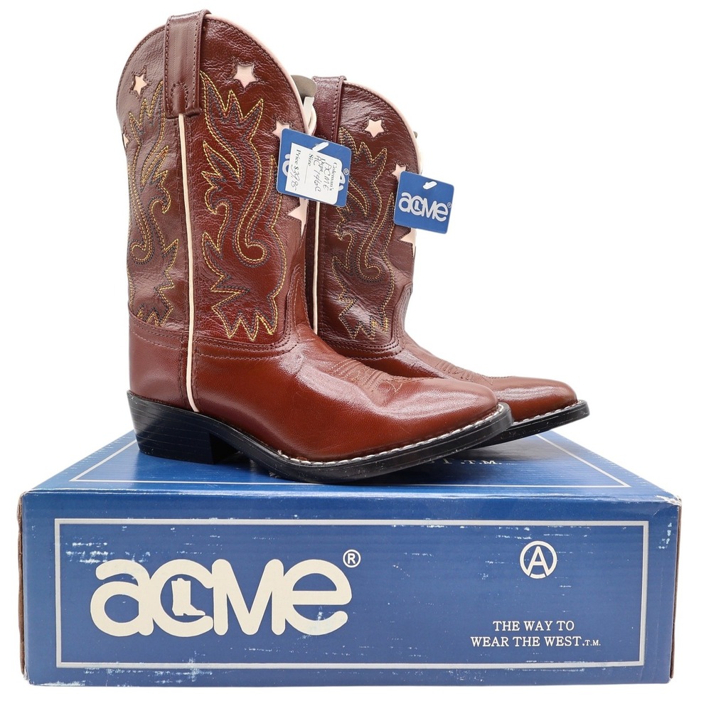 Acme Western Boots Childs 1 D Brown Star Inlay Leather New In Box Vintage Style